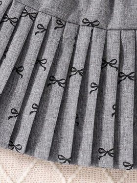 مجموعة من ملابس علوية كامي بفيونكة + تنورة منفرشة طراز كوري للفتيات الصغيرات، بتصميم أنيق رمادي، مع طباعة فيونكة جميلة، مناسبة للكاجوال والمدرسة والعروض والخروجات الصيفية، لإبراز مظهر حلو وراقٍ