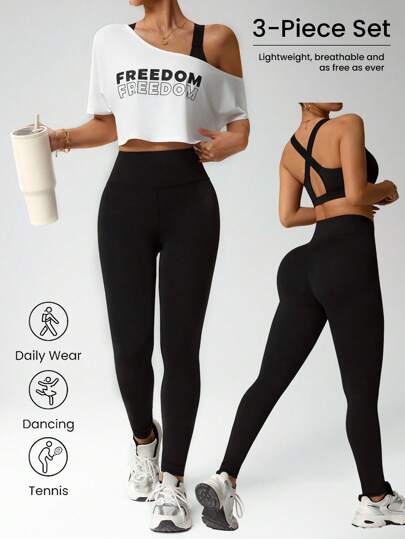 SHEIN Sport Studio مجموعة ملابس رياضية للنساء من 3 قطع: تي شيرت بطبعات حرفية غير متماثلة، بلوزة قصيرة وسروال ضيق