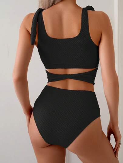 طقم تانكيني حريمي Swim Basics ملابس سباحة مكونة من توب وجزء سفلي للنساء باللون المشمشي، بخامة مطوية لأجازات الشاطئ، بأربطة رفيعة وحمالات، مثالية للصيف