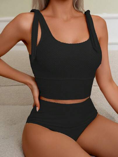 طقم تانكيني حريمي Swim Basics ملابس سباحة مكونة من توب وجزء سفلي للنساء باللون المشمشي، بخامة مطوية لأجازات الشاطئ، بأربطة رفيعة وحمالات، مثالية للصيف