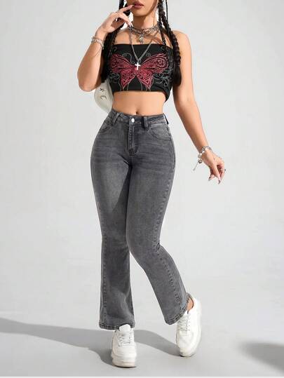 SHEIN PETITE بنطلون جينز نسائي مرن، قصة جذابة، جيوب متعددة الاستخدامات