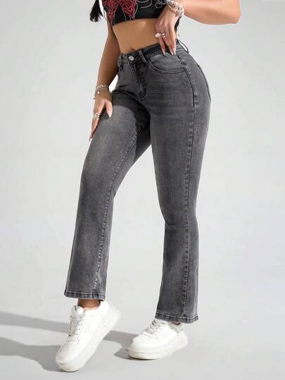 SHEIN PETITE بنطلون جينز نسائي مرن، قصة جذابة، جيوب متعددة الاستخدامات