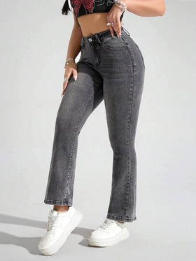 SHEIN PETITE بنطلون جينز نسائي مرن، قصة جذابة، جيوب متعددة الاستخدامات