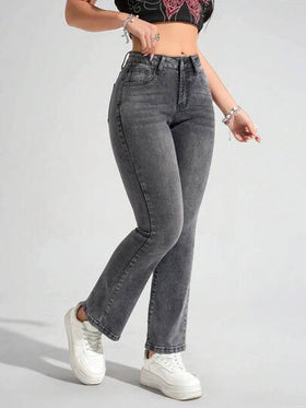 SHEIN PETITE بنطلون جينز نسائي مرن، قصة جذابة، جيوب متعددة الاستخدامات