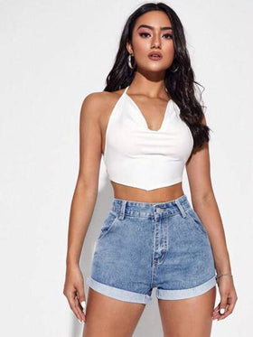 SHEIN Essnce شورت جينز بحافة ملفوف