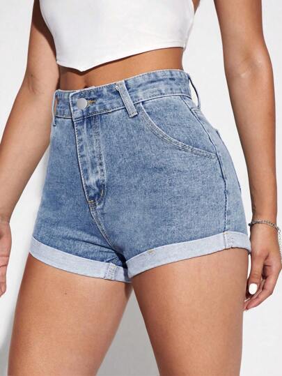 SHEIN Essnce شورت جينز بحافة ملفوف