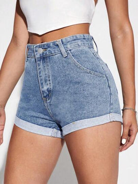 SHEIN Essnce شورت جينز بحافة ملفوف