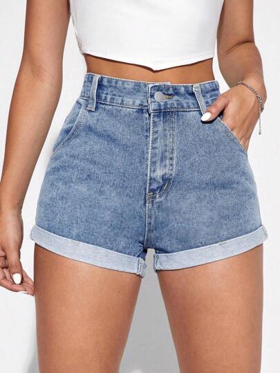 SHEIN Essnce شورت جينز بحافة ملفوف