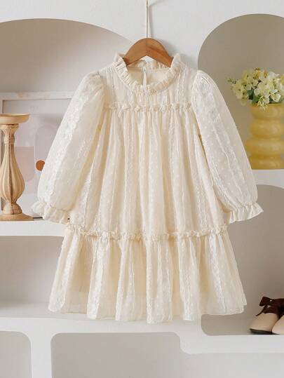 SHEIN Vintaside Kids فستان بنفحات وأكمام طويل من الجاكار المطرز، محلق ومرتخي بطبقتين بحواف خصر مرتكشة، مناسب للعطلات والسفر والحفلات والهدايا، للربيع والخريف