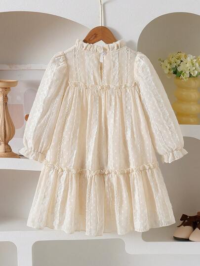SHEIN Vintaside Kids فستان بنفحات وأكمام طويل من الجاكار المطرز، محلق ومرتخي بطبقتين بحواف خصر مرتكشة، مناسب للعطلات والسفر والحفلات والهدايا، للربيع والخريف