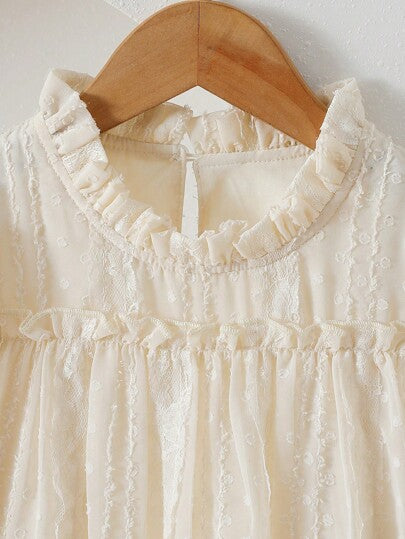 SHEIN Vintaside Kids فستان بنفحات وأكمام طويل من الجاكار المطرز، محلق ومرتخي بطبقتين بحواف خصر مرتكشة، مناسب للعطلات والسفر والحفلات والهدايا، للربيع والخريف