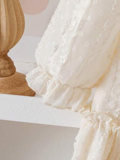 SHEIN Vintaside Kids فستان بنفحات وأكمام طويل من الجاكار المطرز، محلق ومرتخي بطبقتين بحواف خصر مرتكشة، مناسب للعطلات والسفر والحفلات والهدايا، للربيع والخريف