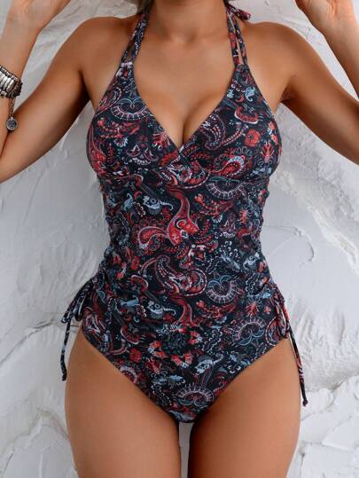 طقم تانكيني حريمي Swim Lushoire للمرأة مجموعة من قطعتين، سترة ذات طبعة وياقة على شكل حرف V مع أشرطة قابلة للتعديل ، وبكيني، مناسبة للصيف وعطلات الشاطئ