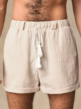 Manfinity BRENVOR شورت رجالي كاجوال ذو خصر مربوط بسحاب من قماش متجعد ذو طبقتين مع حلقات حزام
