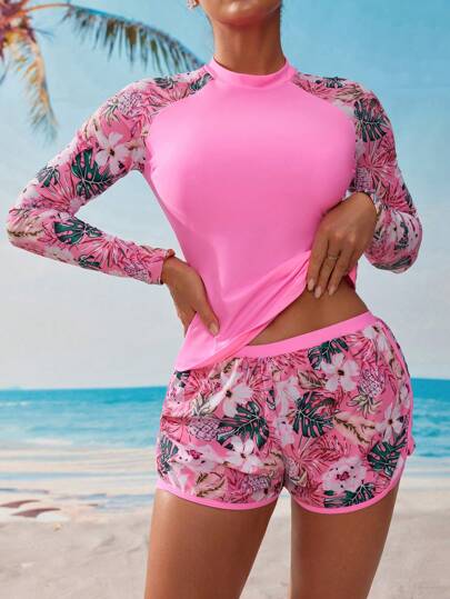 طقم تانكيني حريمي Swim SPRTY مجموعة بكيني للنساء بطبعة نباتات استوائية وأكمام راجلان، للعطلات