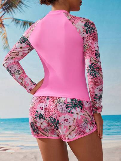 طقم تانكيني حريمي Swim SPRTY مجموعة بكيني للنساء بطبعة نباتات استوائية وأكمام راجلان، للعطلات