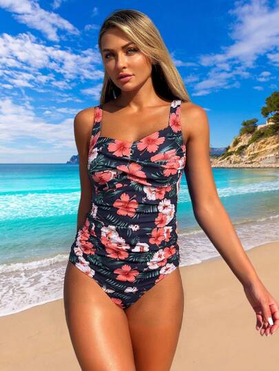 طقم تانكيني حريمي Swim Lushoire 2قطعة/مجموعة ملابس سباحة للنساء بطبعة نباتات استوائية، ملابس سباحة منطقة البطن محسنة للشكل ملائمة لشاطئ المنتجعات