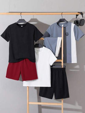 SHEIN مجموعة 6 قطع من تي شيرت كم قصير بنقشة حرف ملون وشورت للفتيان المراهقين، بأسلوب كاجوال وجامعي ، مناسبة للذهاب للجامعة والمدرسة والاستخدام اليومي الكاجوال والرياضة في الربيع والصيف