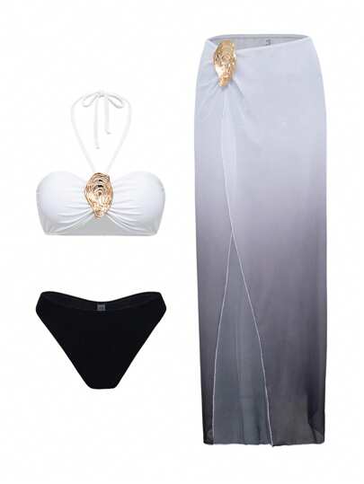 Swim Oasis مجموعة متعددة القطع للنساء للحفلات والعطلات والشاطئ: توب ملابس علوية قصير ظهره مكشوف بطبعة النقاط والتلوين الشرابي، قطعة سفلية بكيني لون سادة، وفستان شاطئ طويل قابل للتعديل مكون من 3 قطع.