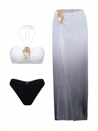 Swim Oasis مجموعة متعددة القطع للنساء للحفلات والعطلات والشاطئ: توب ملابس علوية قصير ظهره مكشوف بطبعة النقاط والتلوين الشرابي، قطعة سفلية بكيني لون سادة، وفستان شاطئ طويل قابل للتعديل مكون من 3 قطع.