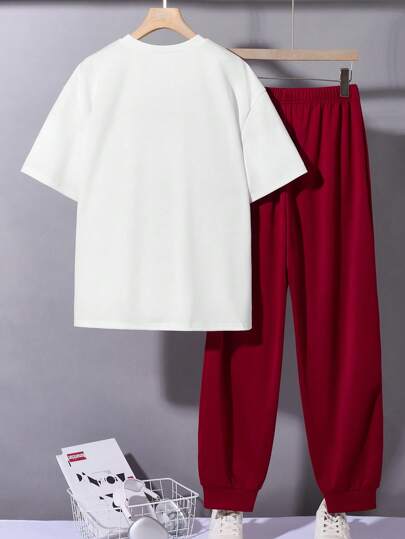 SHEIN دعامة قميص كم قصير كاجوال وبنطلون طويل مناسب للفتيان المراهقين، ستايل بانك روك للكلية واليومي، مناسب للربيع والصيف، حفلات الموسيقى والرياضة والكرة السلة، باللونين الأبيض والأسود