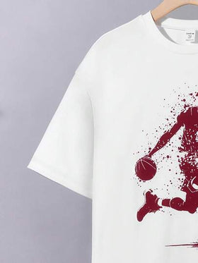 SHEIN دعامة قميص كم قصير كاجوال وبنطلون طويل مناسب للفتيان المراهقين، ستايل بانك روك للكلية واليومي، مناسب للربيع والصيف، حفلات الموسيقى والرياضة والكرة السلة، باللونين الأبيض والأسود