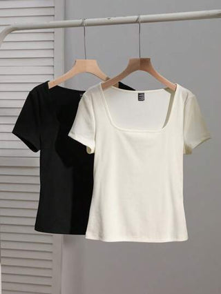 EZwear مجموعة قميصين نسائية بياقة مربعة وأكمام قصيرة مناسبة للصيف وللخروج، ملابس علوية بياقة مربعة 2 قطعة