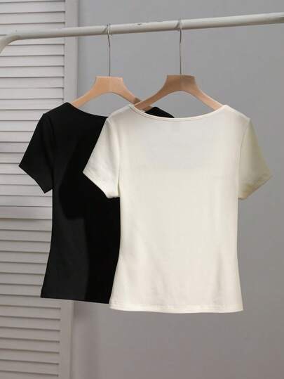 EZwear مجموعة قميصين نسائية بياقة مربعة وأكمام قصيرة مناسبة للصيف وللخروج، ملابس علوية بياقة مربعة 2 قطعة