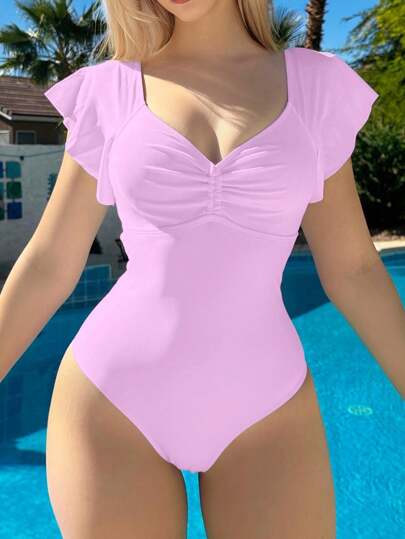 مايوه حريمي قطعة واحدة Swim Mod بذلة سباحة نسائية بأكمام باديكة مطوية قصيرة، بتصميم أنيق للسفر