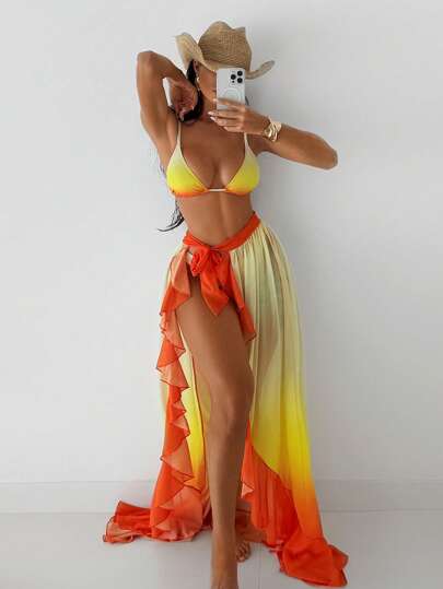 Swim SXY طقم بكيني 3 قطع بحمالات غير منتظمة ومطبوع بطبعة أومبير جديد مع تنورة الشاطئ لصيف للنساء