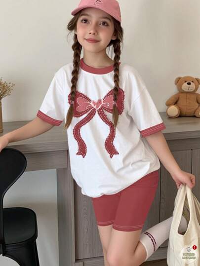 girls-sets مجموعة تي شيرت كم قصير وشورت ،بتصميم بسيط وعادي مناسبة للبنات المراهقات ، مناسبة للصيف