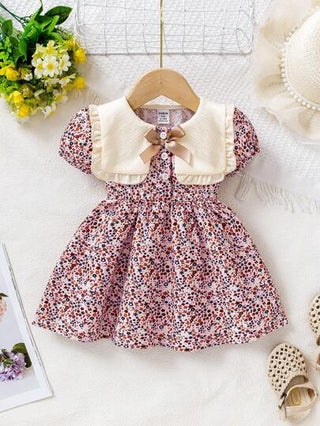 SHEIN Souflis فستان أنيق للبنات الصغيرات قصير الأكمام مزين بأزهار صغيرة وربطة عنق، طراز ريفي صيفي للخارج