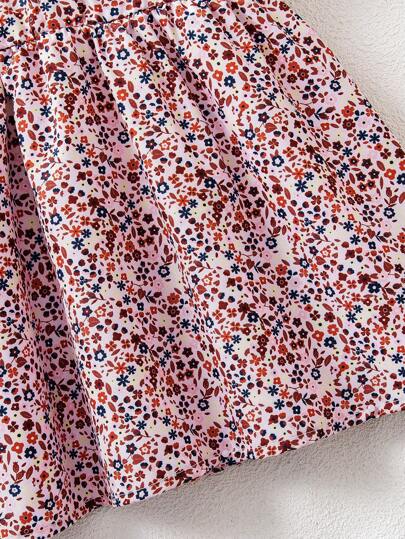 SHEIN Souflis فستان أنيق للبنات الصغيرات قصير الأكمام مزين بأزهار صغيرة وربطة عنق، طراز ريفي صيفي للخارج