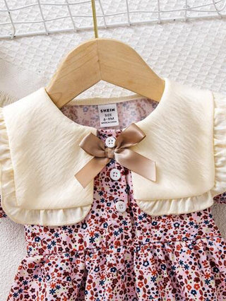 SHEIN Souflis فستان أنيق للبنات الصغيرات قصير الأكمام مزين بأزهار صغيرة وربطة عنق، طراز ريفي صيفي للخارج