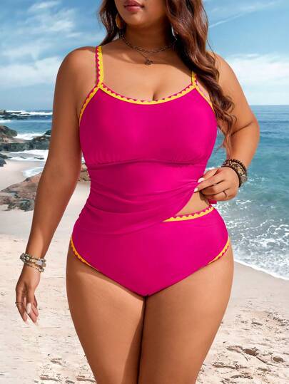 Swim Lushoire مجموعة ملابس سباحة من شكل بلوزة وسراويل لقياسات كبيرة للنساء مع تريم زهري وحمالات رفيعة للاستخدام في الصيف والعطلات الشاطئية