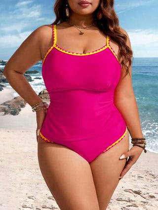 Swim Lushoire مجموعة ملابس سباحة من شكل بلوزة وسراويل لقياسات كبيرة للنساء مع تريم زهري وحمالات رفيعة للاستخدام في الصيف والعطلات الشاطئية