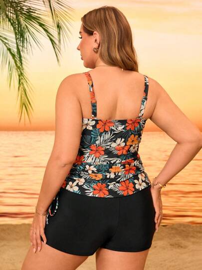 Swim Lushoire مجموعة بكمية زائدة من المرأة قطعتان ملابس سباحة مع ملابس علوية مدعم بسلك، ملابس علوية تانكيني مطبوع بنقوش الزهور لموسم الصيف والعطلات