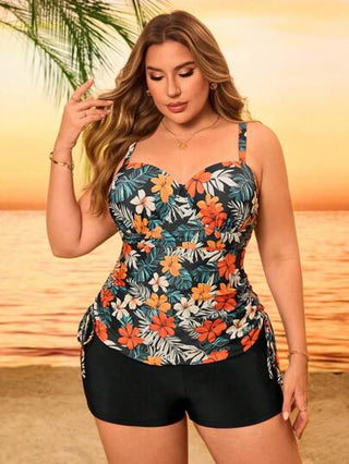 Swim Lushoire مجموعة بكمية زائدة من المرأة قطعتان ملابس سباحة مع ملابس علوية مدعم بسلك، ملابس علوية تانكيني مطبوع بنقوش الزهور لموسم الصيف والعطلات