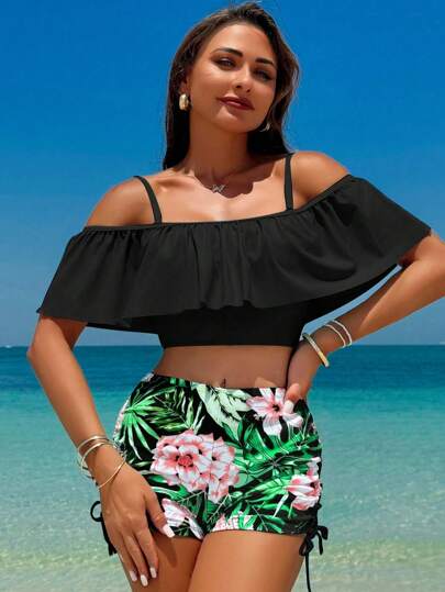 طقم تانكيني حريمي Swim Lushoire مجموعة ملابس سباحة تانكيني مطبوعة بطبعة نباتات استوائية، مزودة بكشكشات، لموسم الصيف والعطلة على الشاطئ