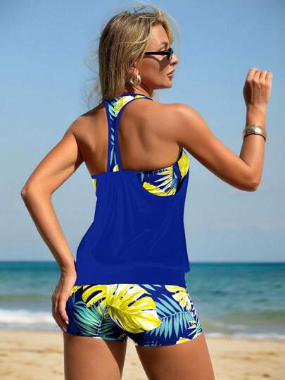 طقم تانكيني حريمي Swim Lushoire بكيني شورت بطبعة استوائية للنساء، للاستخدام اليومي والعطلات