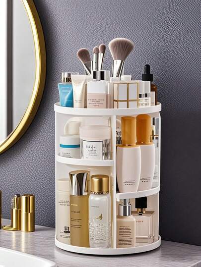 رف عرض تخزين دوار 360 درجة، صندوق أكريليك مكتبي لتنظيم مستحضرات التجميل كالأحمر الشفاه ومنتجات العناية بالبشرة، عرض منظم لمستلزمات التجميل، سعة تخزين كبيرة، للأعياد والشاطئ والحمام والغرفة