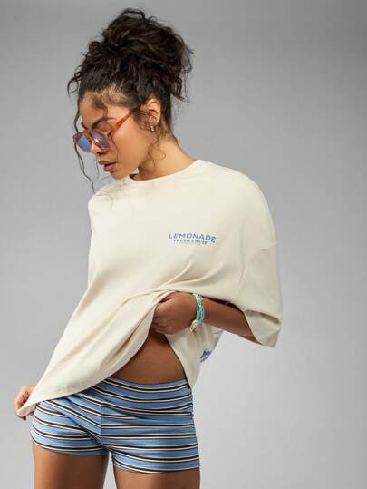 MISSGUIDED تيشيرت كاجوال مطبوع بالفاكهة، طبعة ليمون لوس أنجلوس الطازج كبير الحجم، قطن مرن مطبوع صيفي للشاطئ والعطلات والمهرجانات