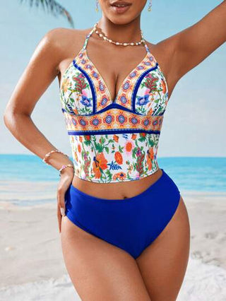طقم تانكيني حريمي Swim Lushoire مجموعة بيكيني نسائية ذو خصر عالي ذو تحكم في البطن، بطبعة استوائية بوهيمية، مع أشرطة قابلة للتعديل، أنيقة وكاجوال لفصول الربيع والصيف، للشاطئ والمنتجع والحفلات