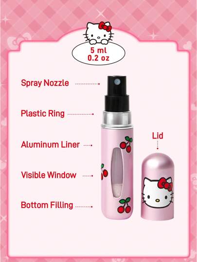 HELLO KITTY AND FRIENDS | SHEIN زجاجات قابلة لإعادة التعبئة بتصميم القطة الكرتونية الجميلة بنمط الكرز، مملوءة بسائل في القاع، يمكن استخدامها لتزيين العطور ومستحضرات العناية بالبشرة، تصميم الزجاجة مدمج وسهل الحمل