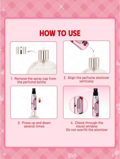 HELLO KITTY AND FRIENDS | SHEIN زجاجات قابلة لإعادة التعبئة بتصميم القطة الكرتونية الجميلة بنمط الكرز، مملوءة بسائل في القاع، يمكن استخدامها لتزيين العطور ومستحضرات العناية بالبشرة، تصميم الزجاجة مدمج وسهل الحمل