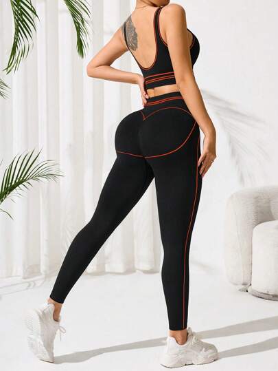 SHEIN Sport Studio مجموعة مكونة من 2 قطعة: صدرية رياضية قياسية + بنطلون ثلاثة أرباع / قماش ماص للرطوبة / ألوان متباينة + فاصل خصر / طراز أساسي / أسود ، صدرية رياضية + سراويل لياقة بدنية/اليوغا