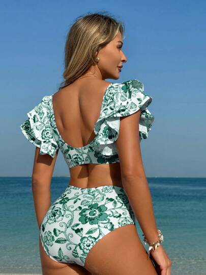 Swim Lushoire إطار جذع وسيط مكشكش مطبوع بنقشة الأزهار مجموعة بكيني صيفية للنساء