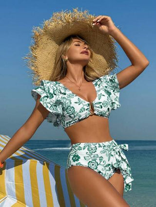Swim Lushoire إطار جذع وسيط مكشكش مطبوع بنقشة الأزهار مجموعة بكيني صيفية للنساء