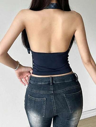 طقم تانكيني حريمي EZwear ملابس علوية نسائي أنيق وجذاب بأطراف مفتوحة مزين بنقشة المربعات الملونة لفصل الصيف