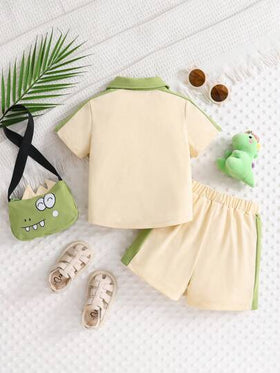 SHEIN Playful Pals 3 قطع طقم ملابس للأطفال الرضع الصبيان يتكون من قميص كم قصير مطرز ببدلة محبوك وحقيبة صغيرة جسمية،للربيع والصيف،ملابس أطفال،ملابس رضع صبيان، أحجام من 6 شهور إلى 3 سنوات
